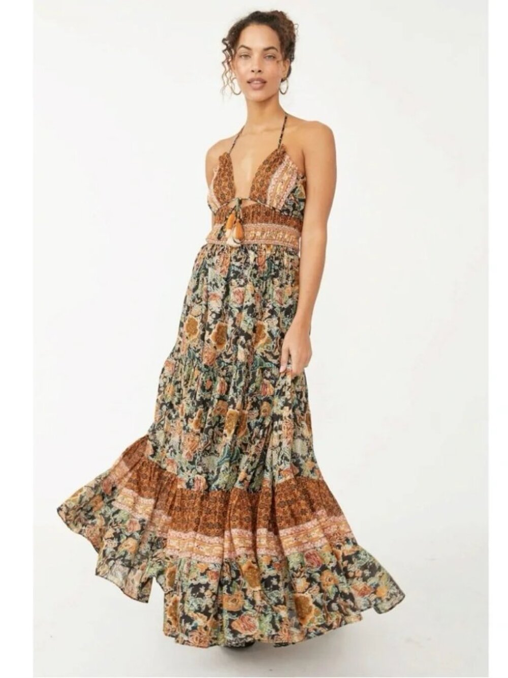 Free People Real Love Maxi Dress Mixed Floral Boho Halter Smocked Sundress XS
